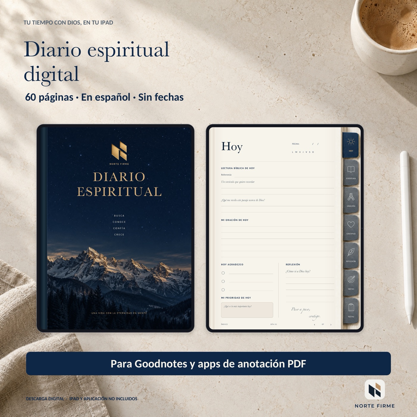 Portada del Diario Espiritual y página Hoy en un iPad